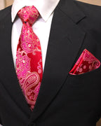 Red & Magenta Paisley Microsilk Tie Set with Pocket Square