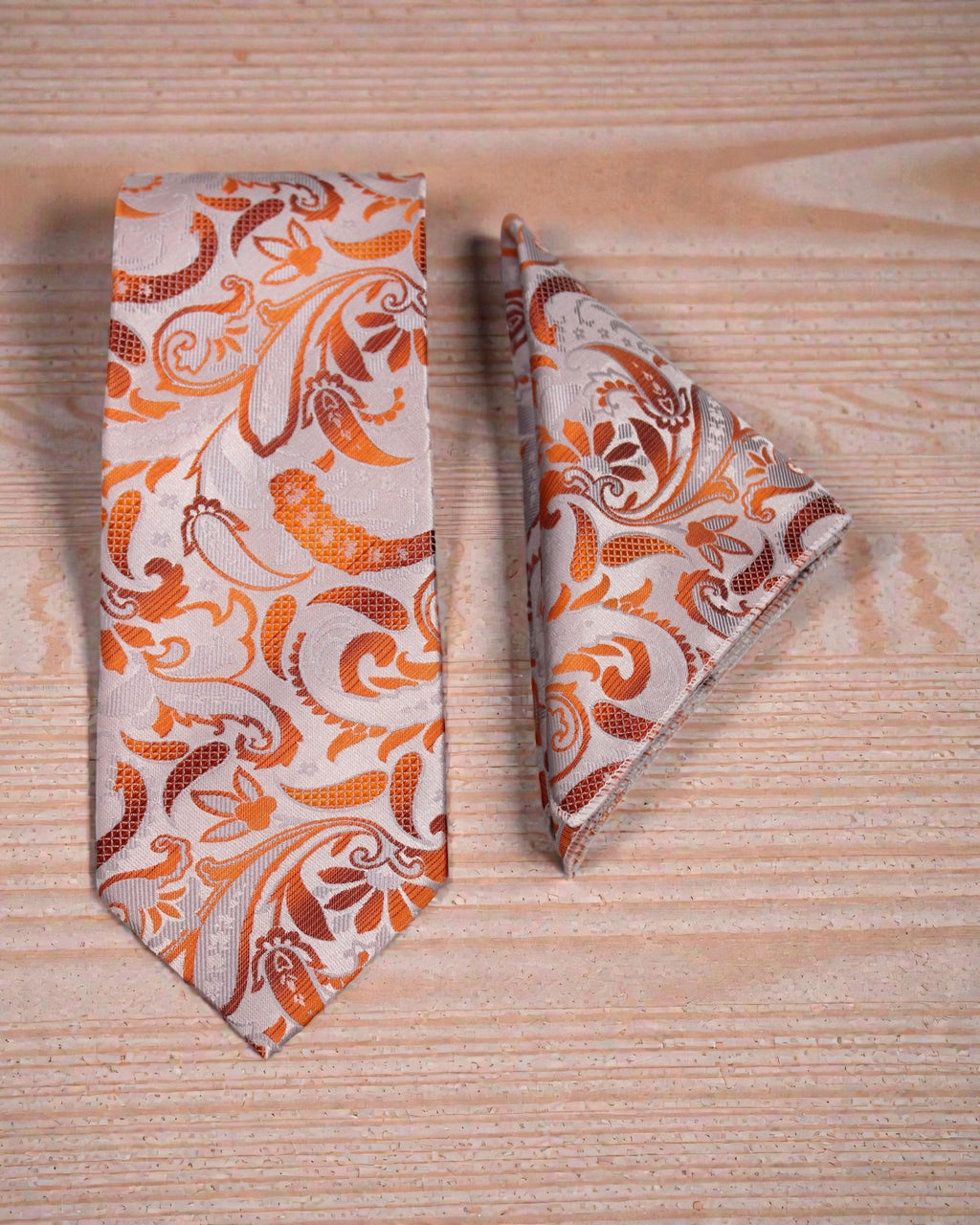 Silver & Orange Paisley Microsilk Tie Set with Pocket Square