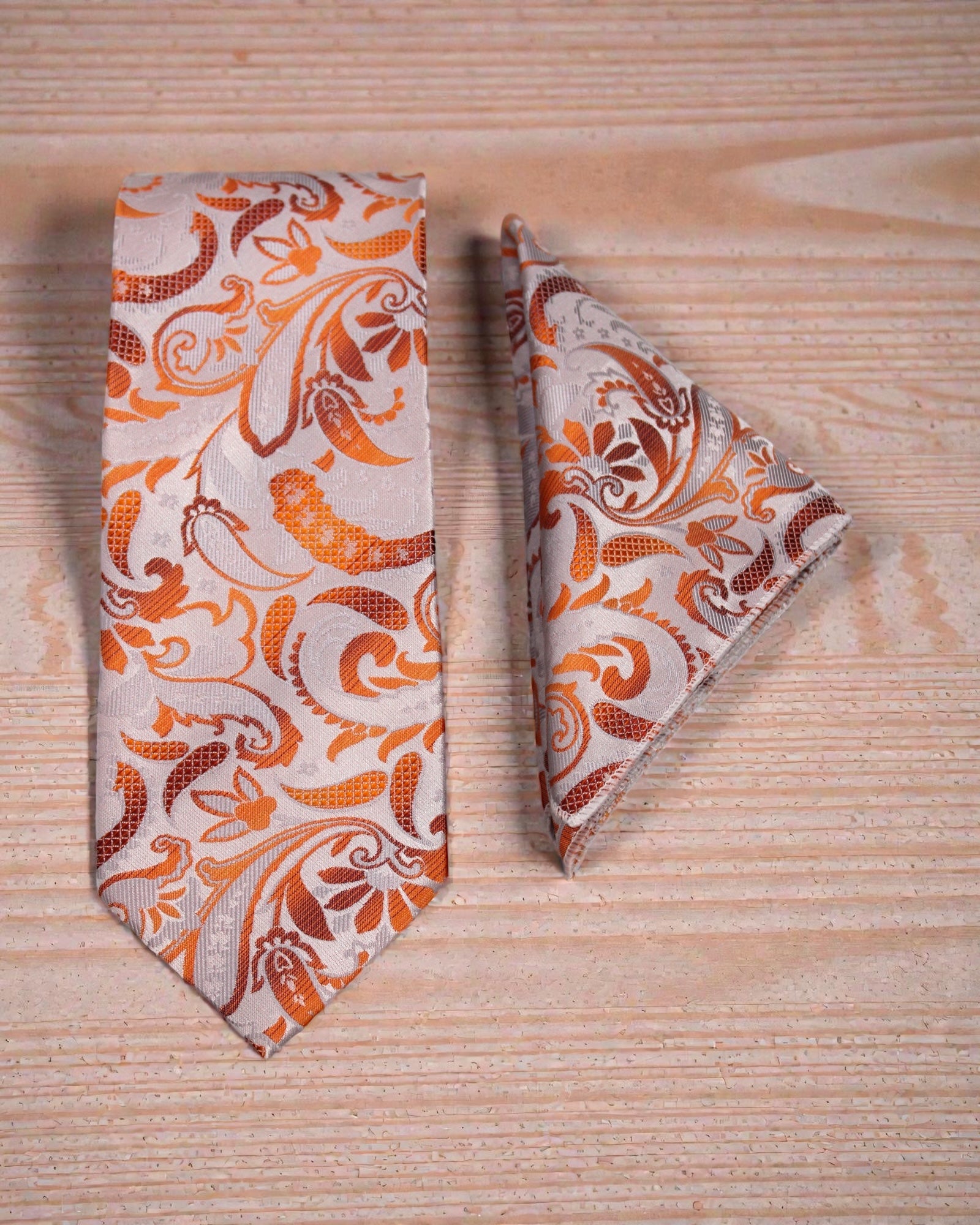 Silver & Orange Paisley Microsilk Tie Set with Pocket Square