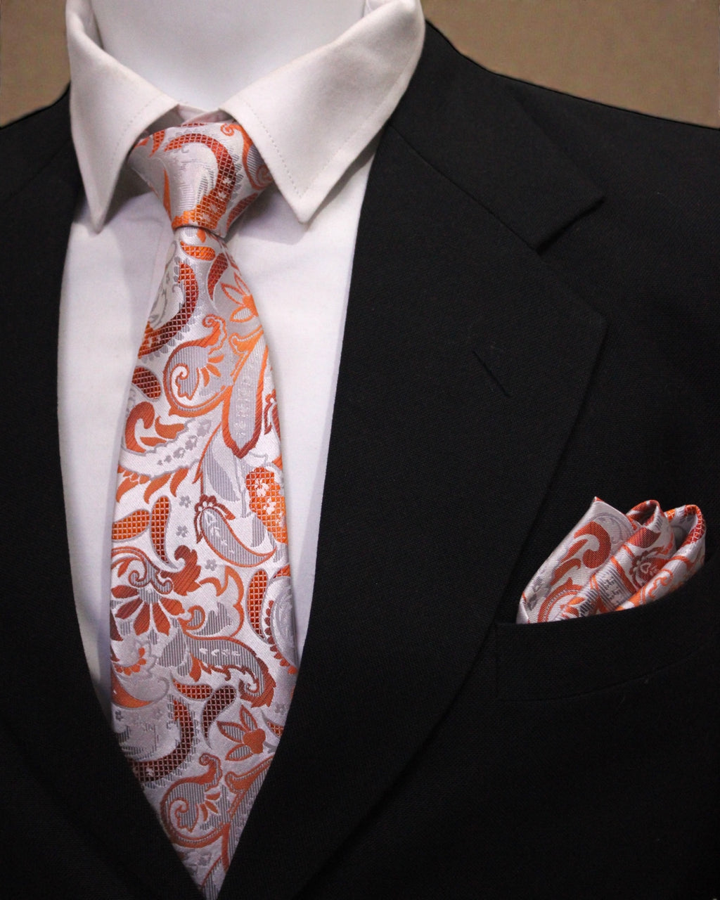 Silver & Orange Paisley Microsilk Tie Set with Pocket Square