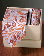 Silver & Orange Paisley Microsilk Tie Set with Pocket Square