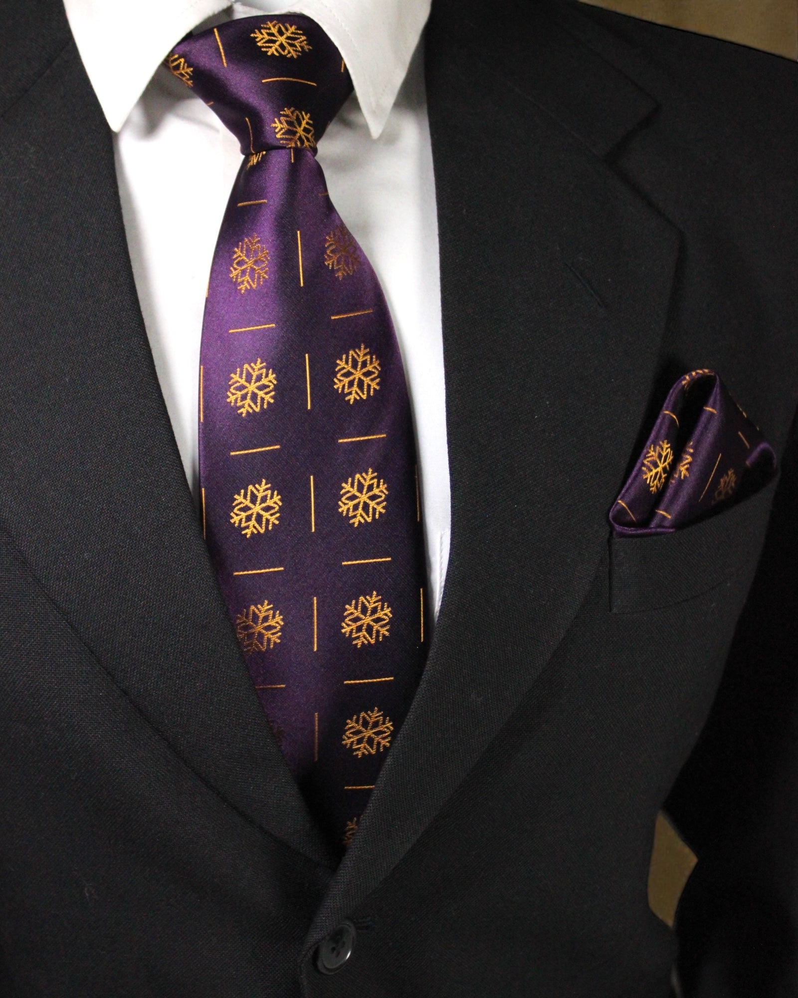 Purple & Gold Geometric Microsilk Tie Set with Pocket Square