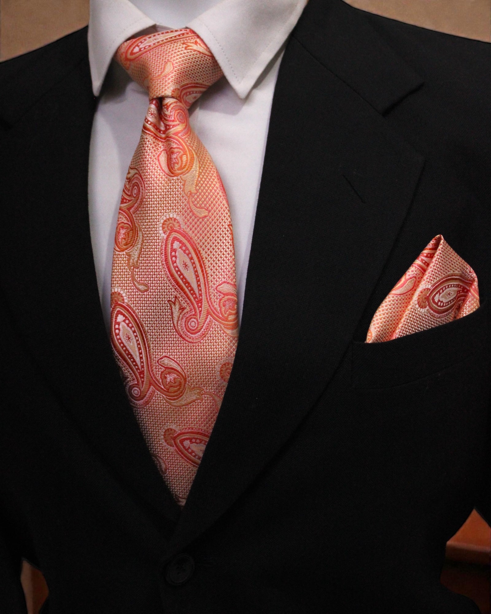 Peach & Coral Paisley Microsilk Tie Set with Pocket Square