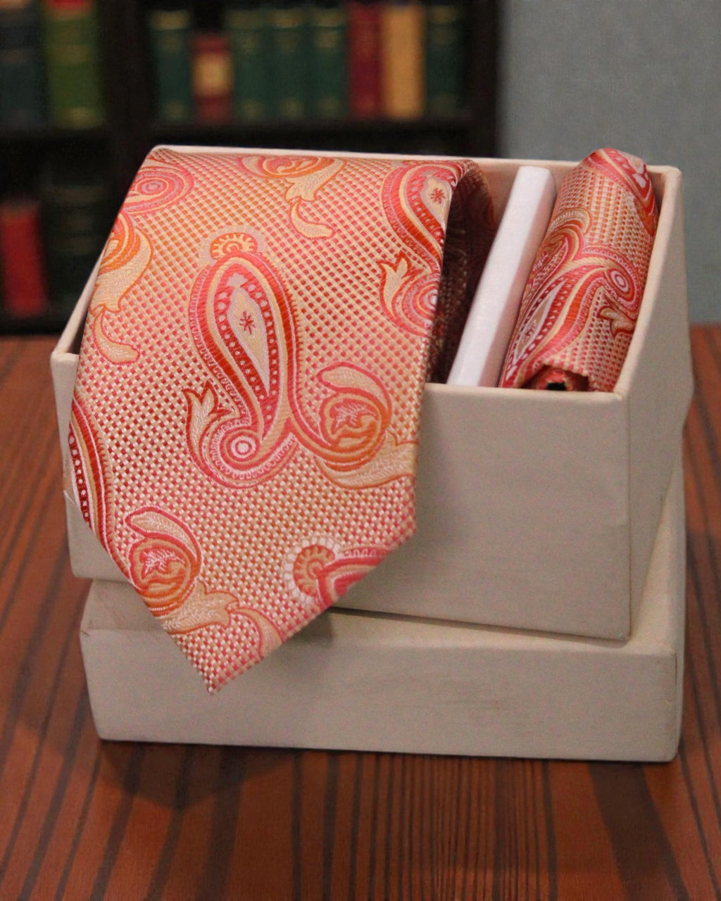 Peach & Coral Paisley Microsilk Tie Set with Pocket Square