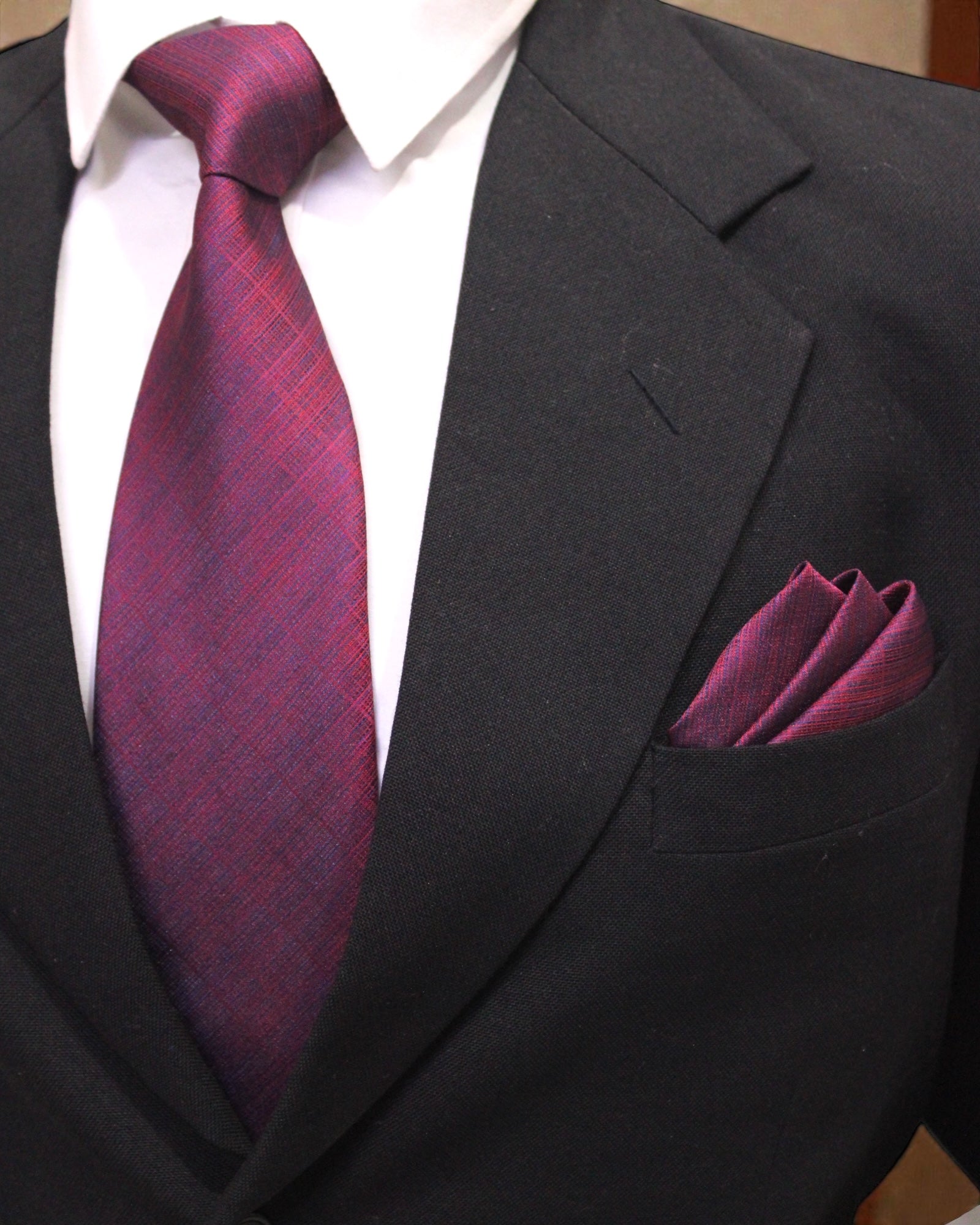 Maroon Textured Microsilk Tie Set with Pocket Square