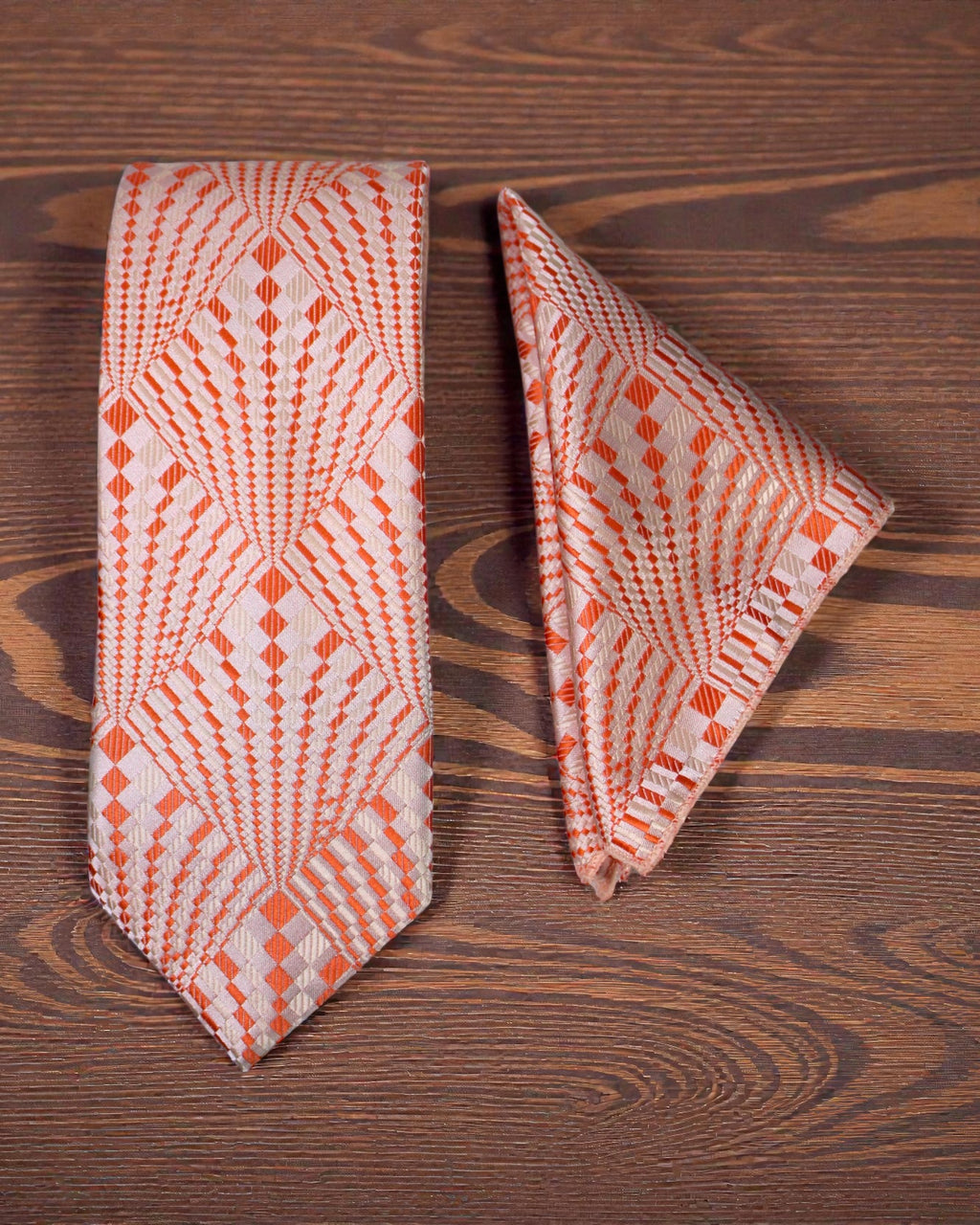 Orange & Silver Geometric Microsilk Tie Set with Pocket Square
