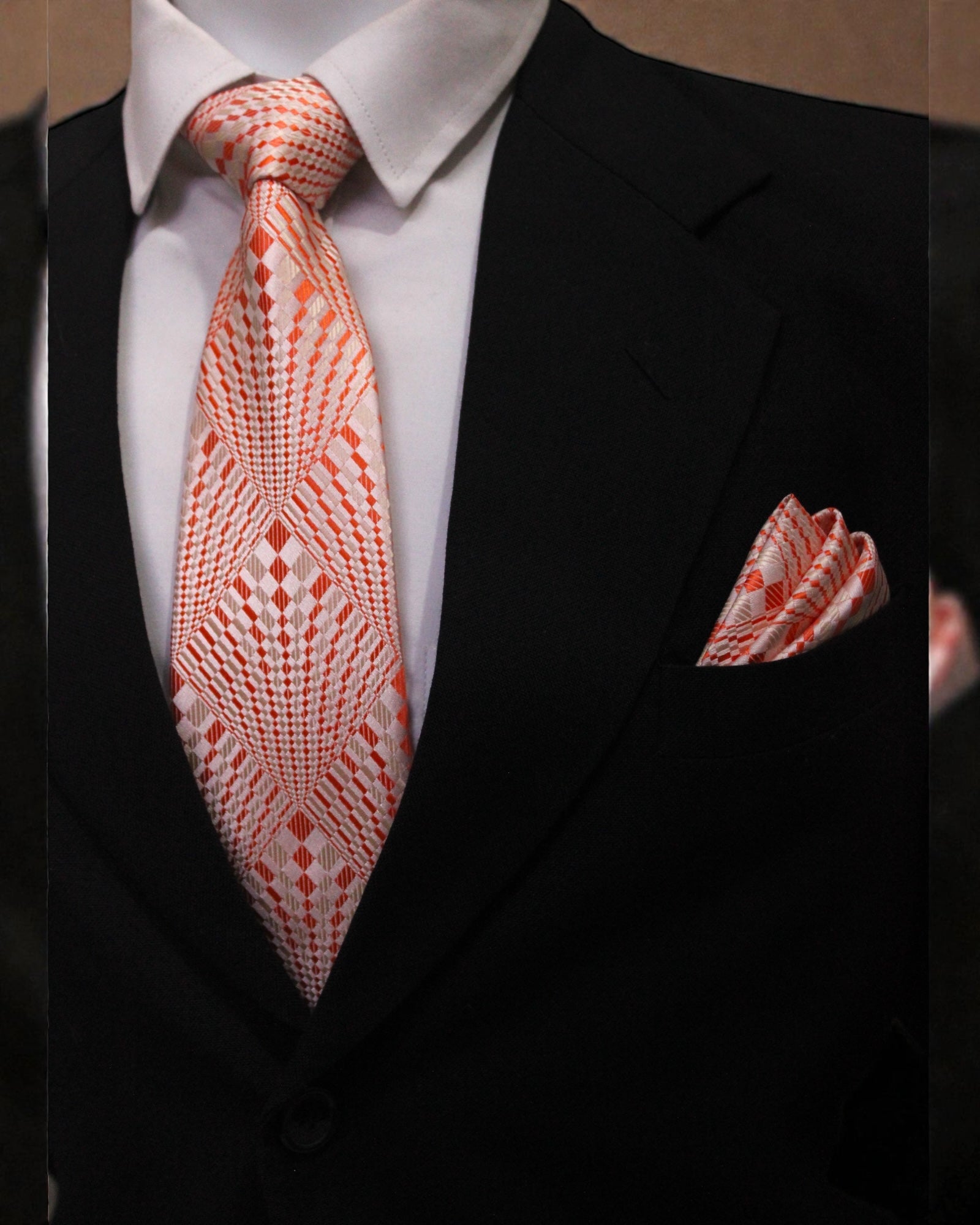 Orange & Silver Geometric Microsilk Tie Set with Pocket Square