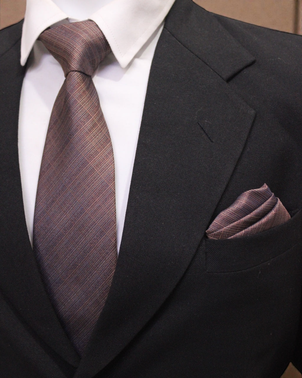 Brown Textured Microsilk Tie Set with Pocket Square