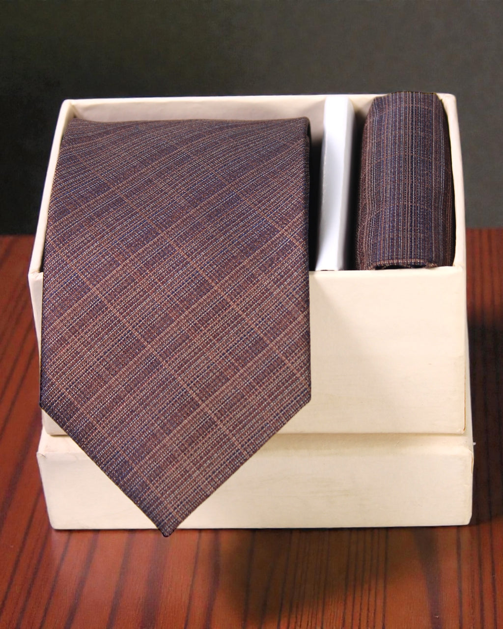 Brown Textured Microsilk Tie Set with Pocket Square