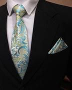 Teal & Lime Paisley Microsilk Tie Set with Pocket Square