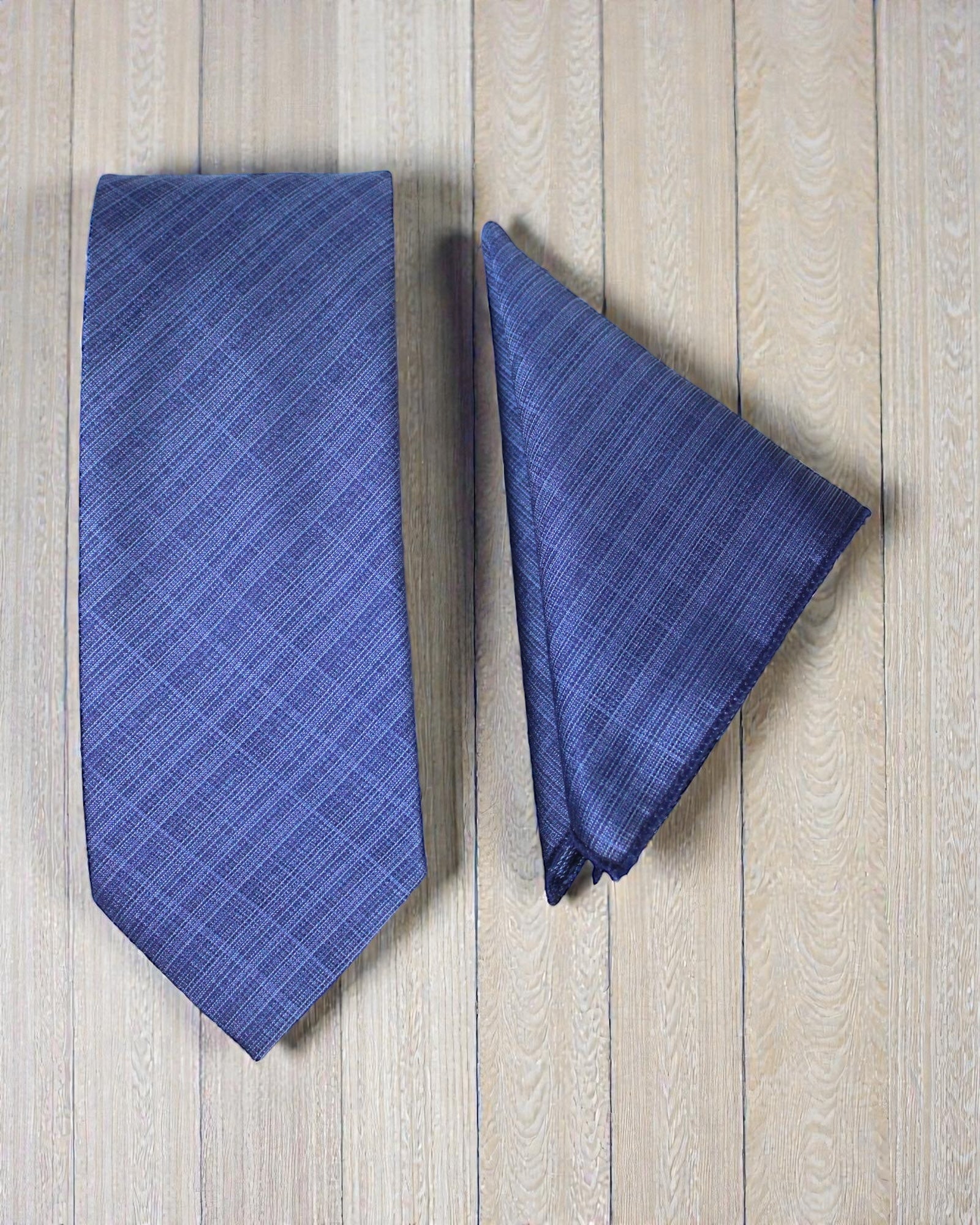 Navy Blue Textured Microsilk Tie Set with Pocket Square