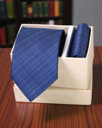 Navy Blue Textured Microsilk Tie Set with Pocket Square