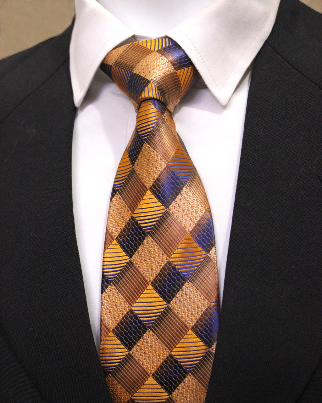 Gold & Navy Blue Checkered Microsilk Tie Set with Pocket Square