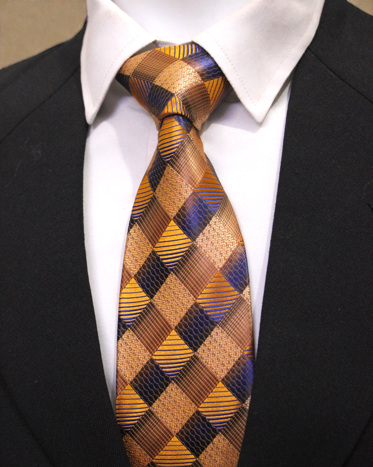 Gold & Navy Blue Checkered Microsilk Tie Set with Pocket Square
