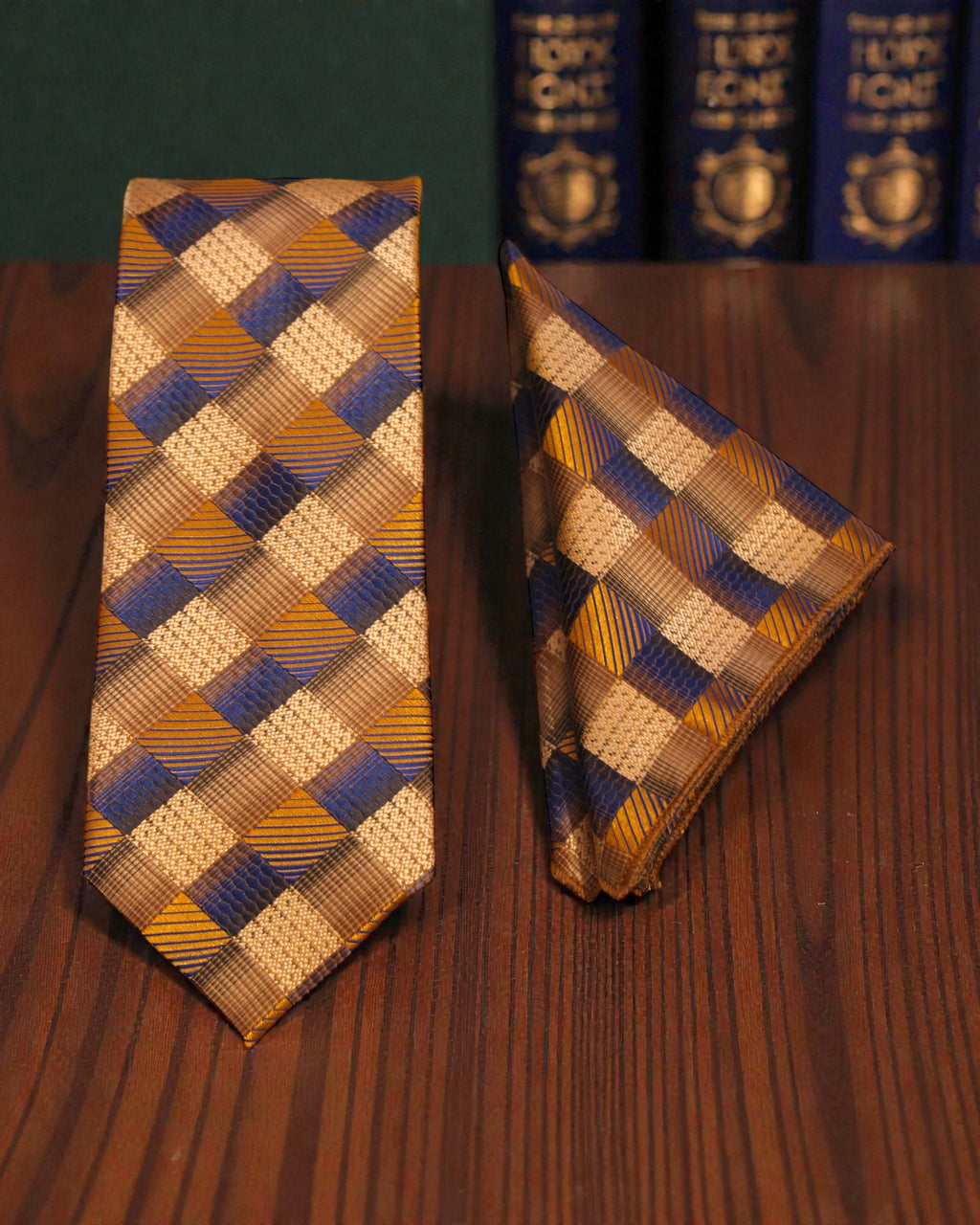 Gold & Navy Blue Checkered Microsilk Tie Set with Pocket Square