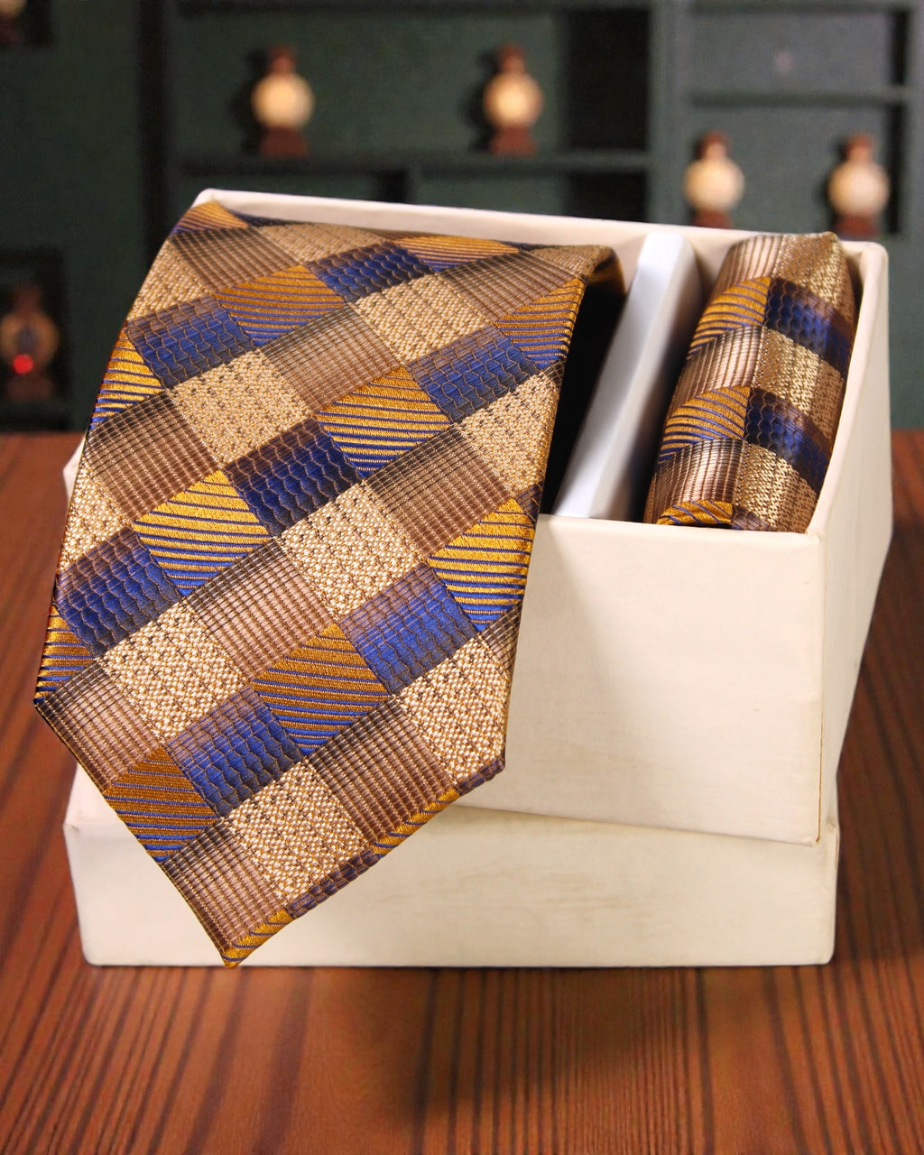 Gold & Navy Blue Checkered Microsilk Tie Set with Pocket Square