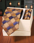 Gold & Navy Blue Checkered Microsilk Tie Set with Pocket Square