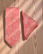 Coral Peach Paisley Microsilk Tie Set with Pocket Square