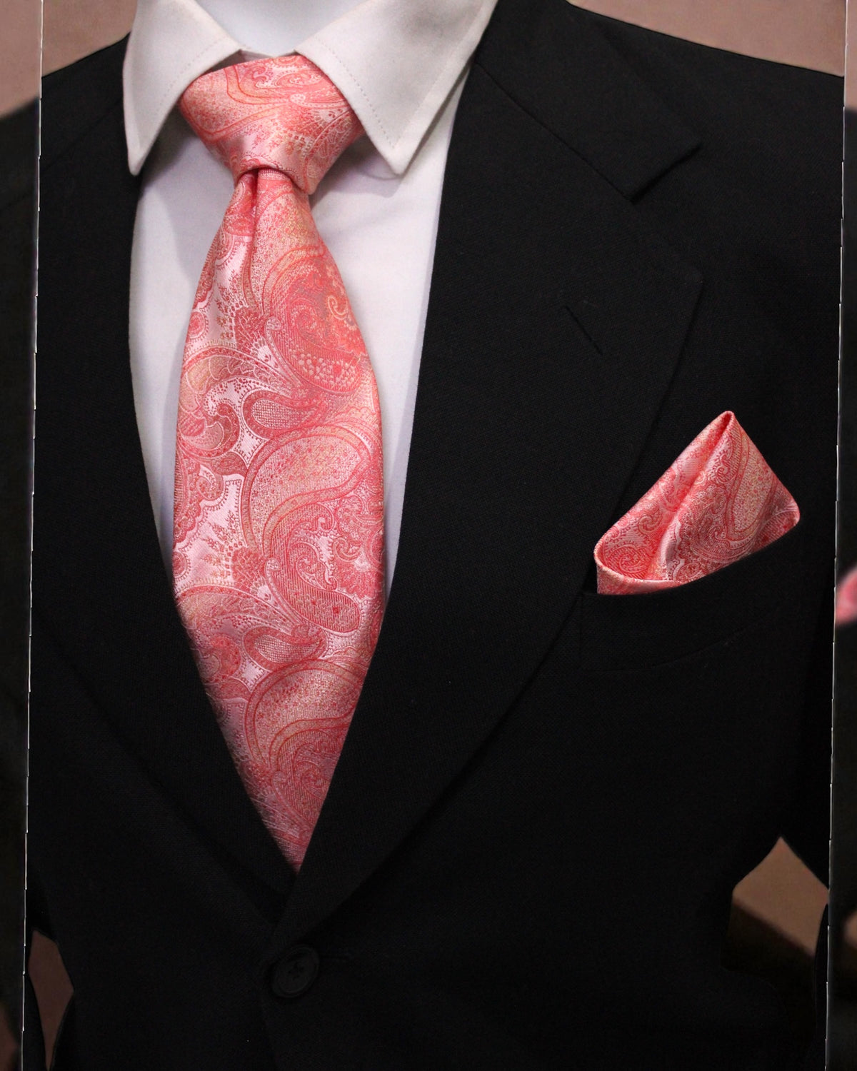 Coral Peach Paisley Microsilk Tie Set with Pocket Square