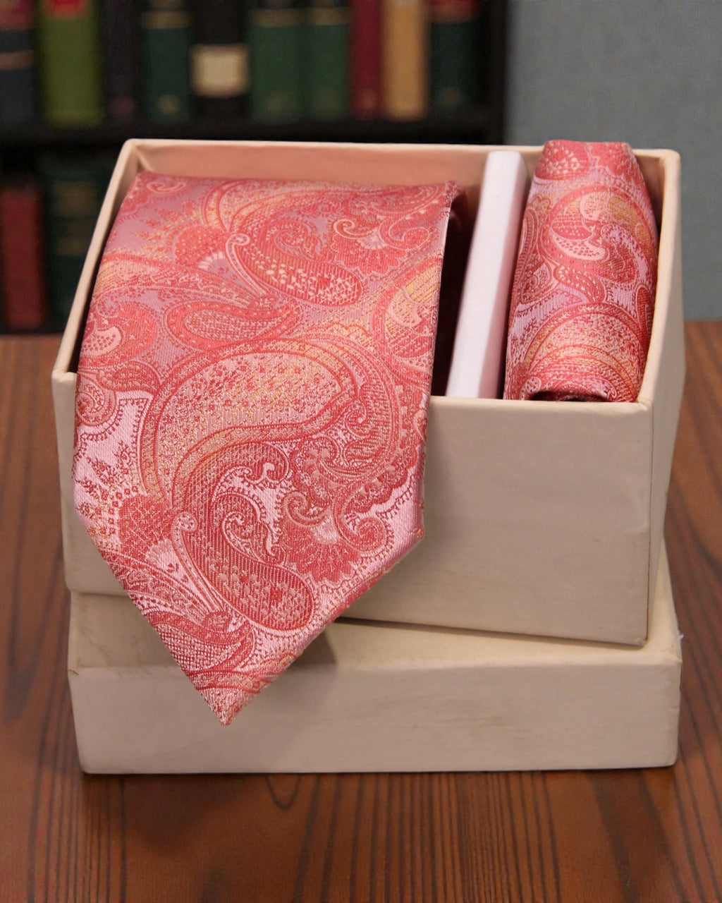 Coral Peach Paisley Microsilk Tie Set with Pocket Square