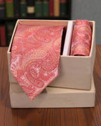 Coral Peach Paisley Microsilk Tie Set with Pocket Square