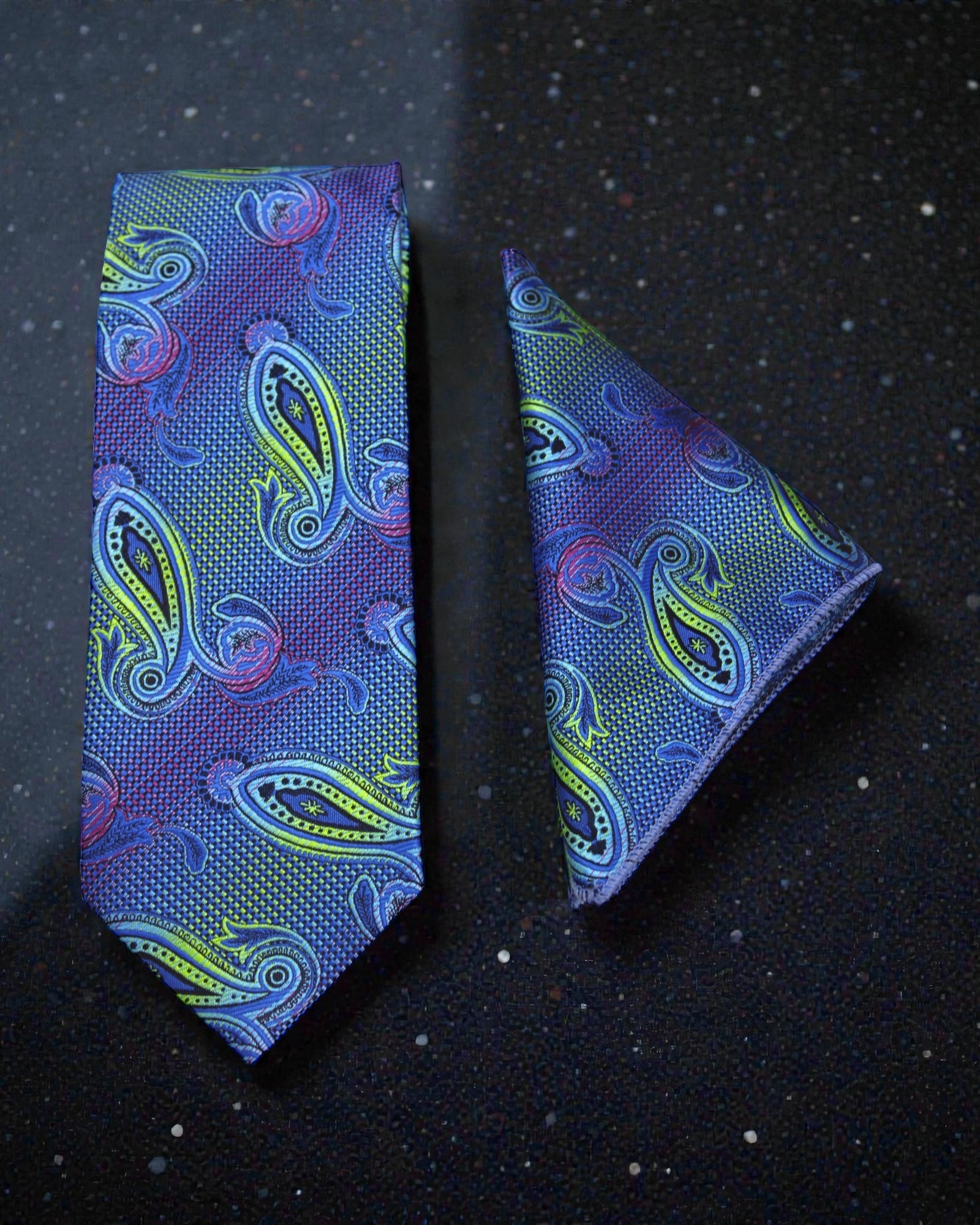 Royal Blue & Green Paisley Microsilk Tie Set with Pocket Square