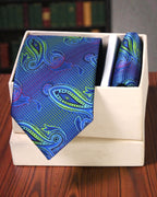 Royal Blue & Green Paisley Microsilk Tie Set with Pocket Square