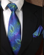 Royal Blue & Green Paisley Microsilk Tie Set with Pocket Square