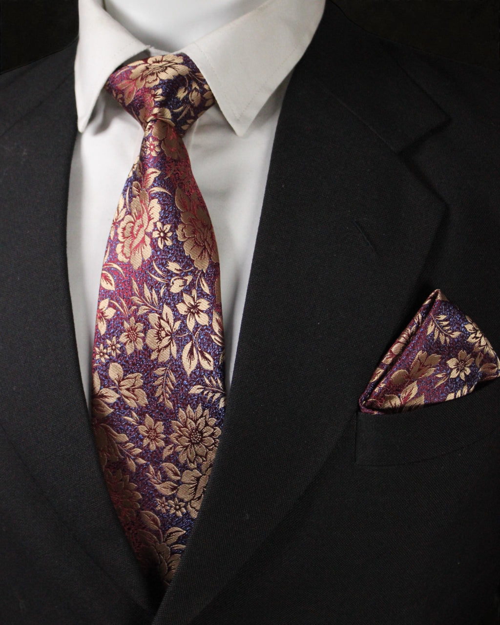 Burgundy Blue Floral Microsilk Tie Set with Pocket Square