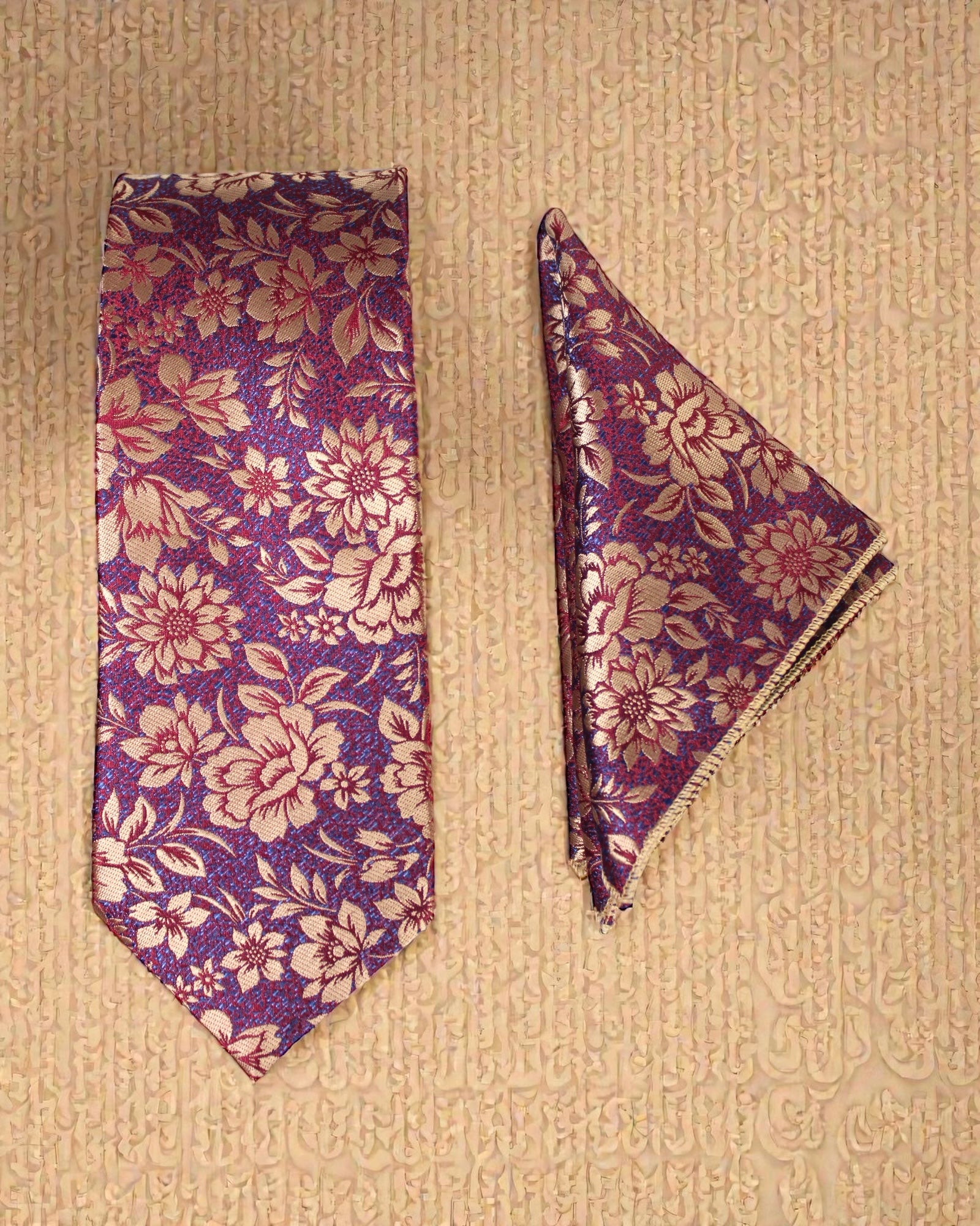 Burgundy Blue Floral Microsilk Tie Set with Pocket Square