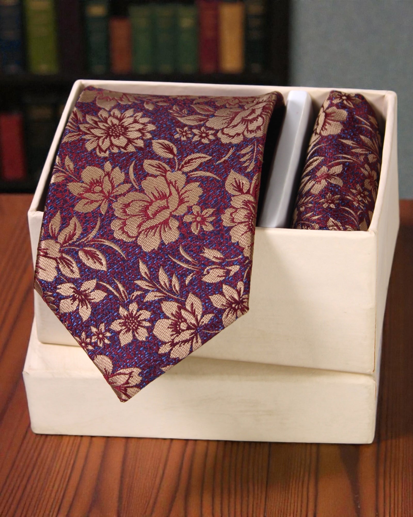 Burgundy Blue Floral Microsilk Tie Set with Pocket Square