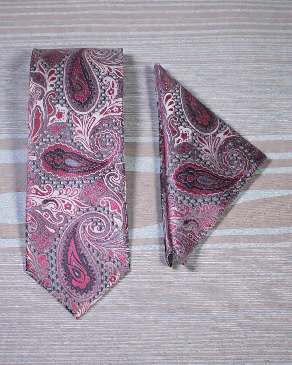 Grey & Pink Paisley Microsilk Tie Set with Pocket Square