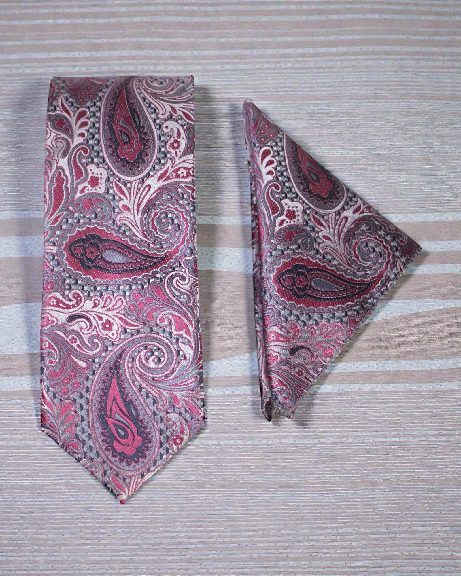 Grey & Pink Paisley Microsilk Tie Set with Pocket Square