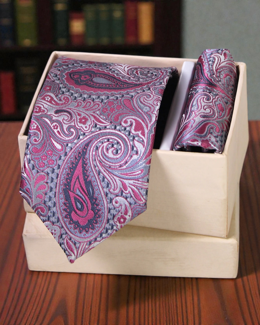 Grey & Pink Paisley Microsilk Tie Set with Pocket Square