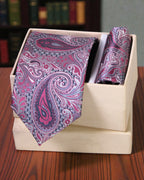 Grey & Pink Paisley Microsilk Tie Set with Pocket Square