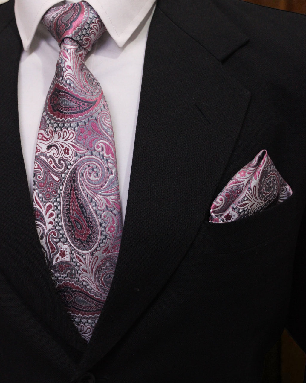 Grey & Pink Paisley Microsilk Tie Set with Pocket Square