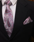 Grey & Pink Paisley Microsilk Tie Set with Pocket Square