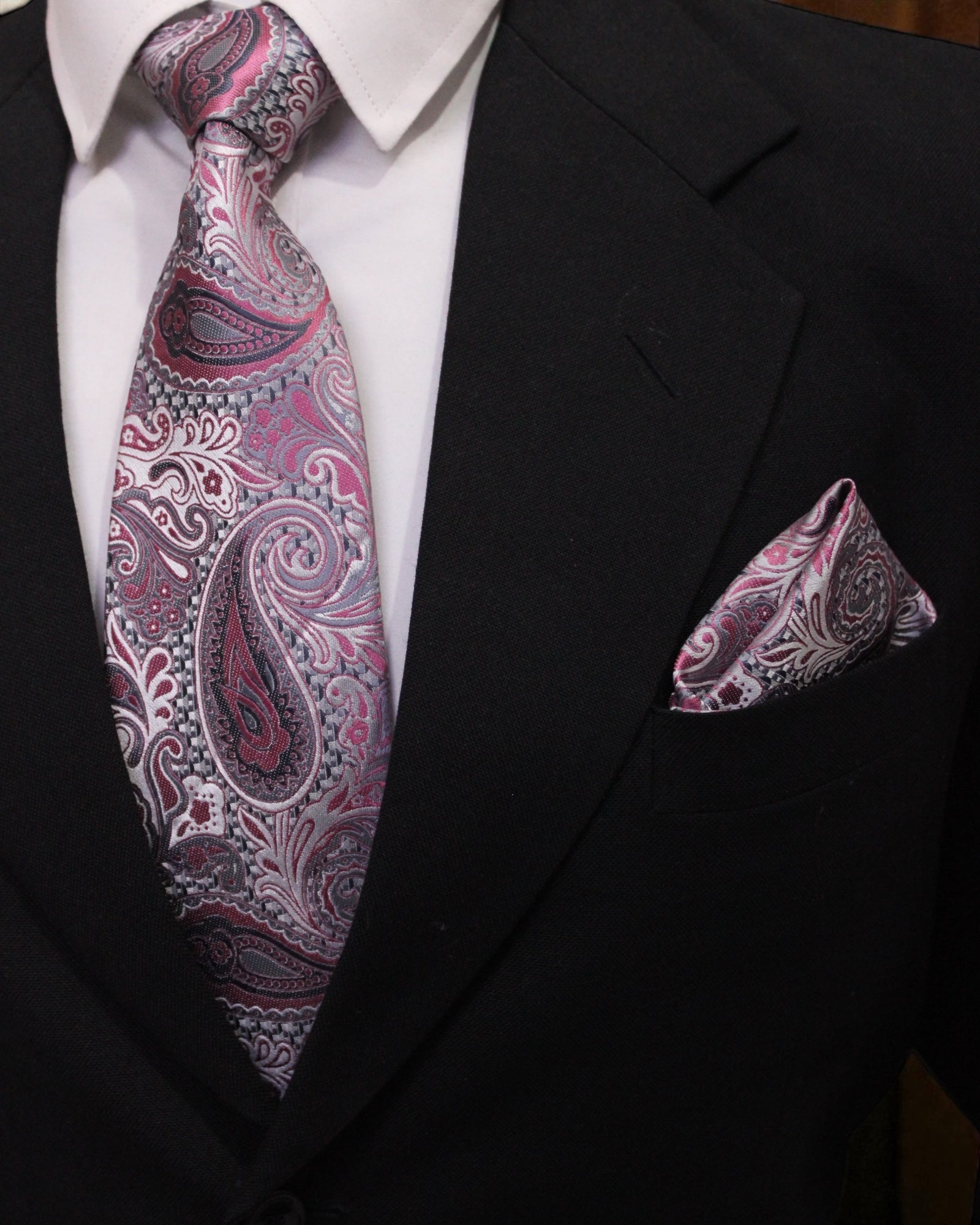 Grey & Pink Paisley Microsilk Tie Set with Pocket Square