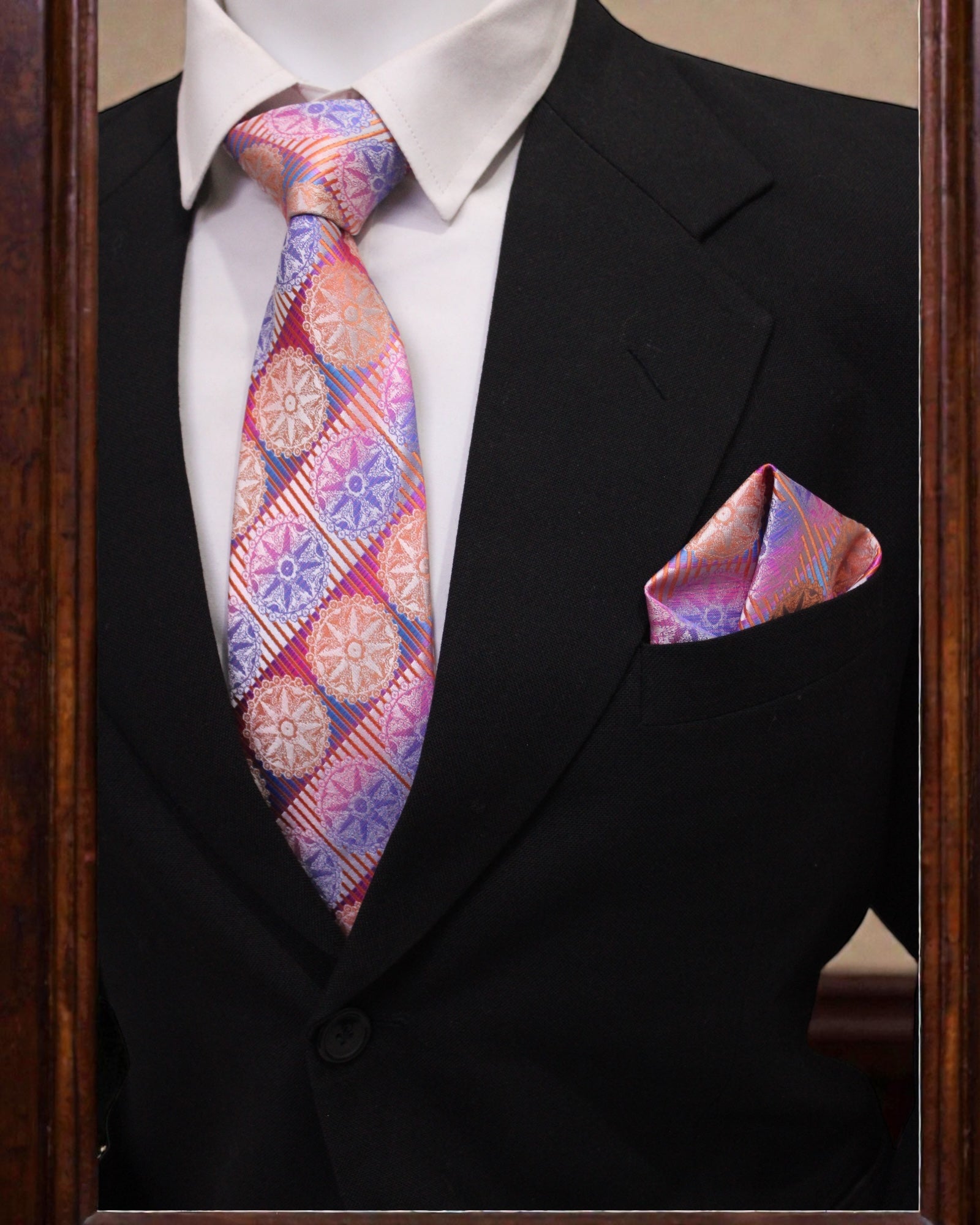 Multicolor Geometric Floral Microsilk Tie Set with Pocket Square