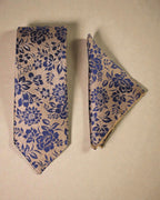 Gold & Navy Blue Floral Microsilk Tie Set with Pocket Square