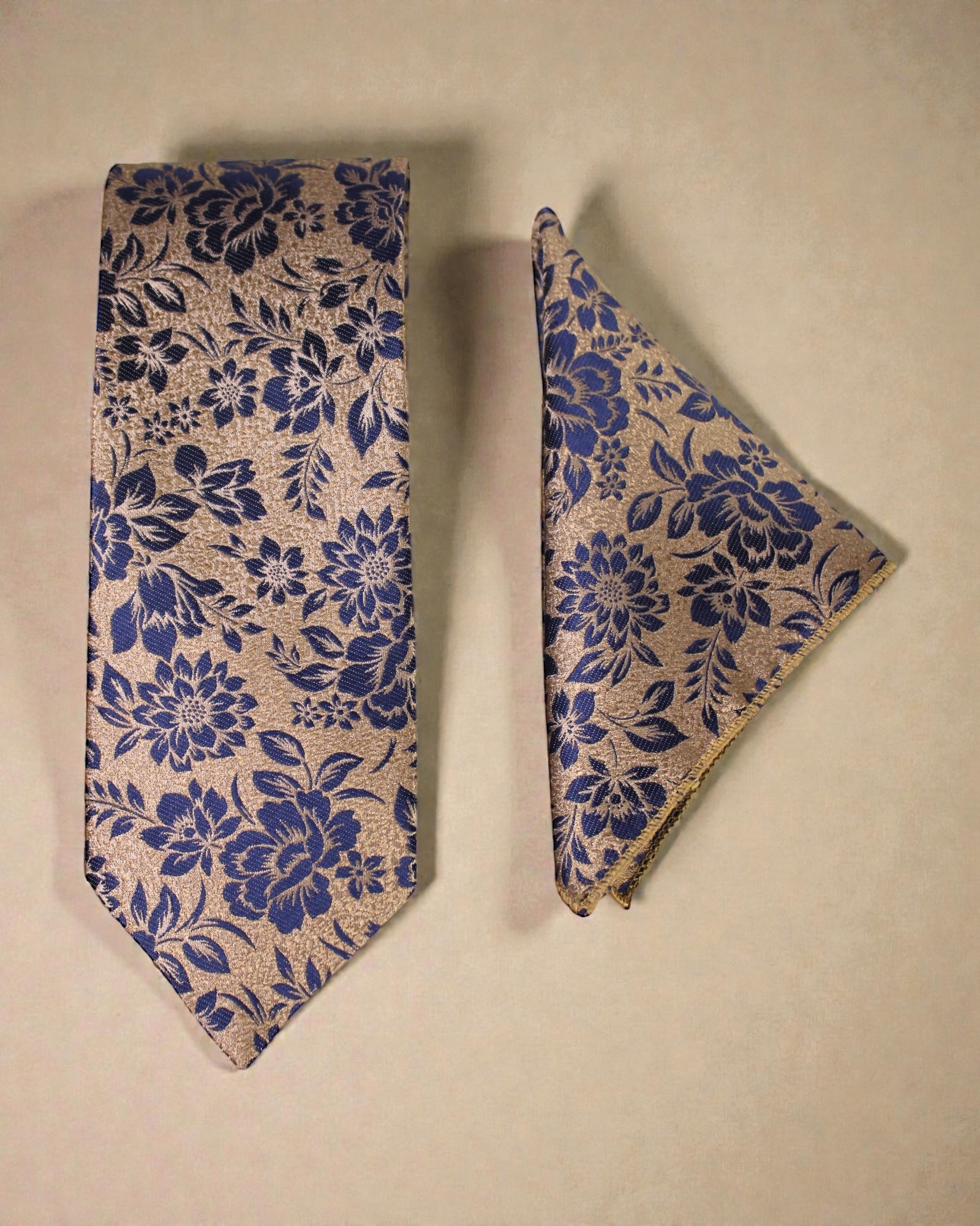 Gold & Navy Blue Floral Microsilk Tie Set with Pocket Square