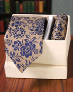 Gold & Navy Blue Floral Microsilk Tie Set with Pocket Square
