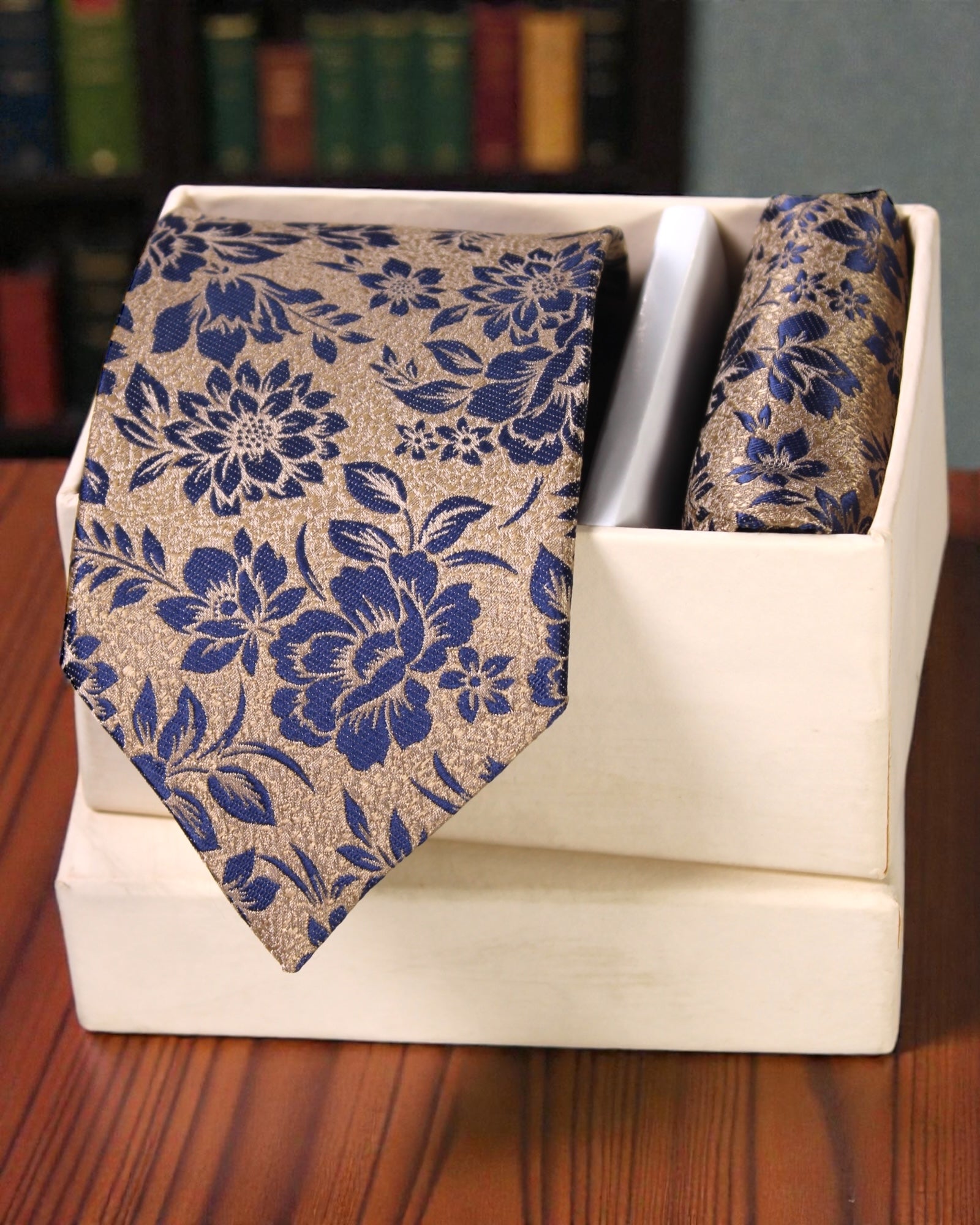 Gold & Navy Blue Floral Microsilk Tie Set with Pocket Square