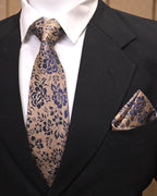 Gold & Navy Blue Floral Microsilk Tie Set with Pocket Square