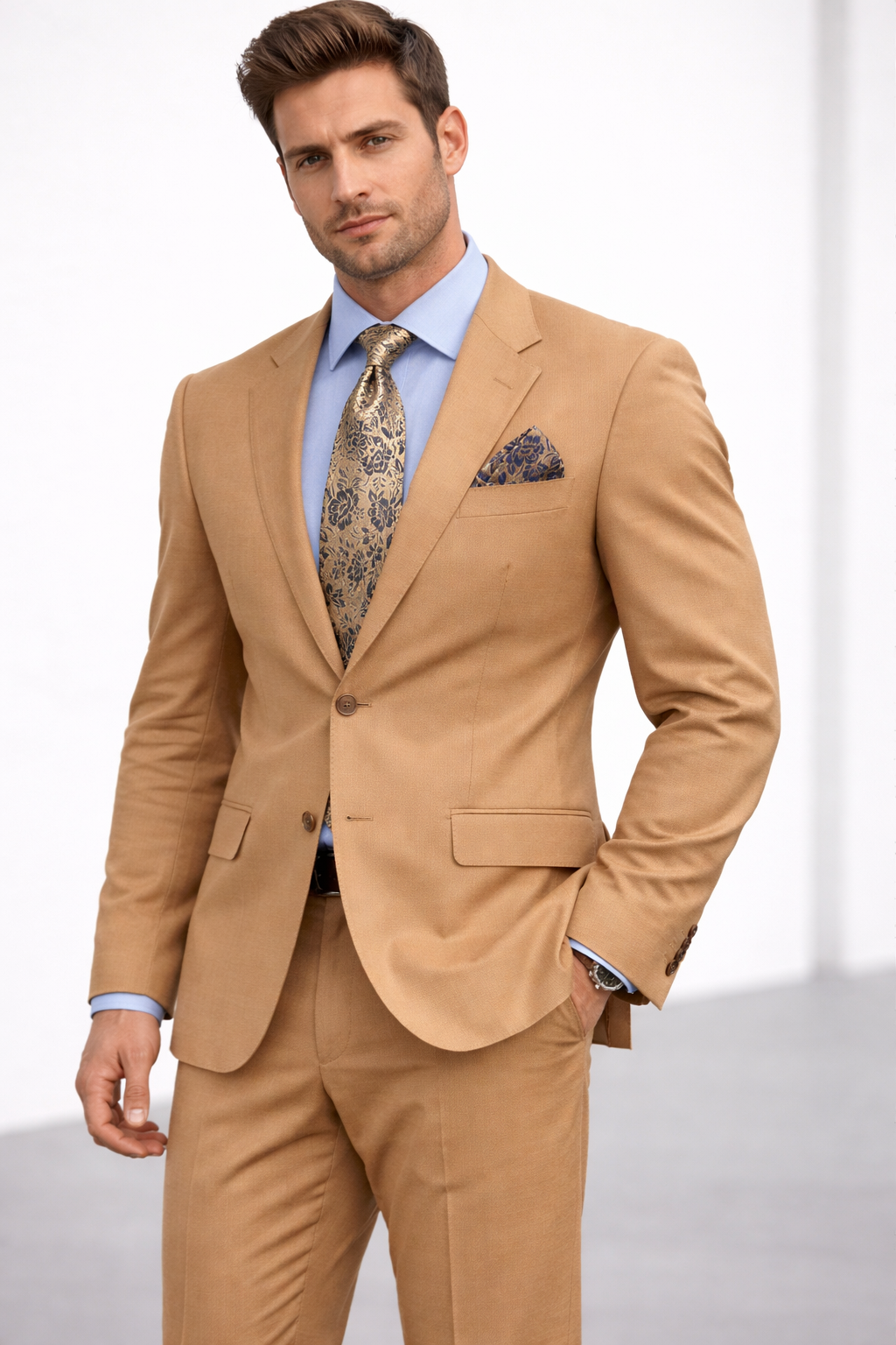 Man wearing a tan suit with a patterned tie and pocket square on a white background