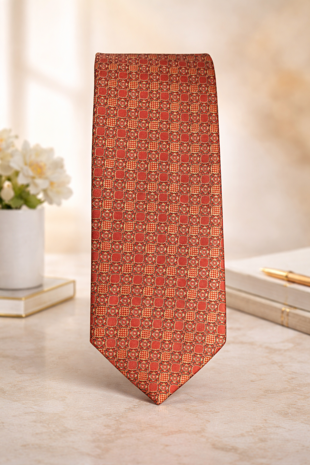 Red geometric pattern microsilk tie for men