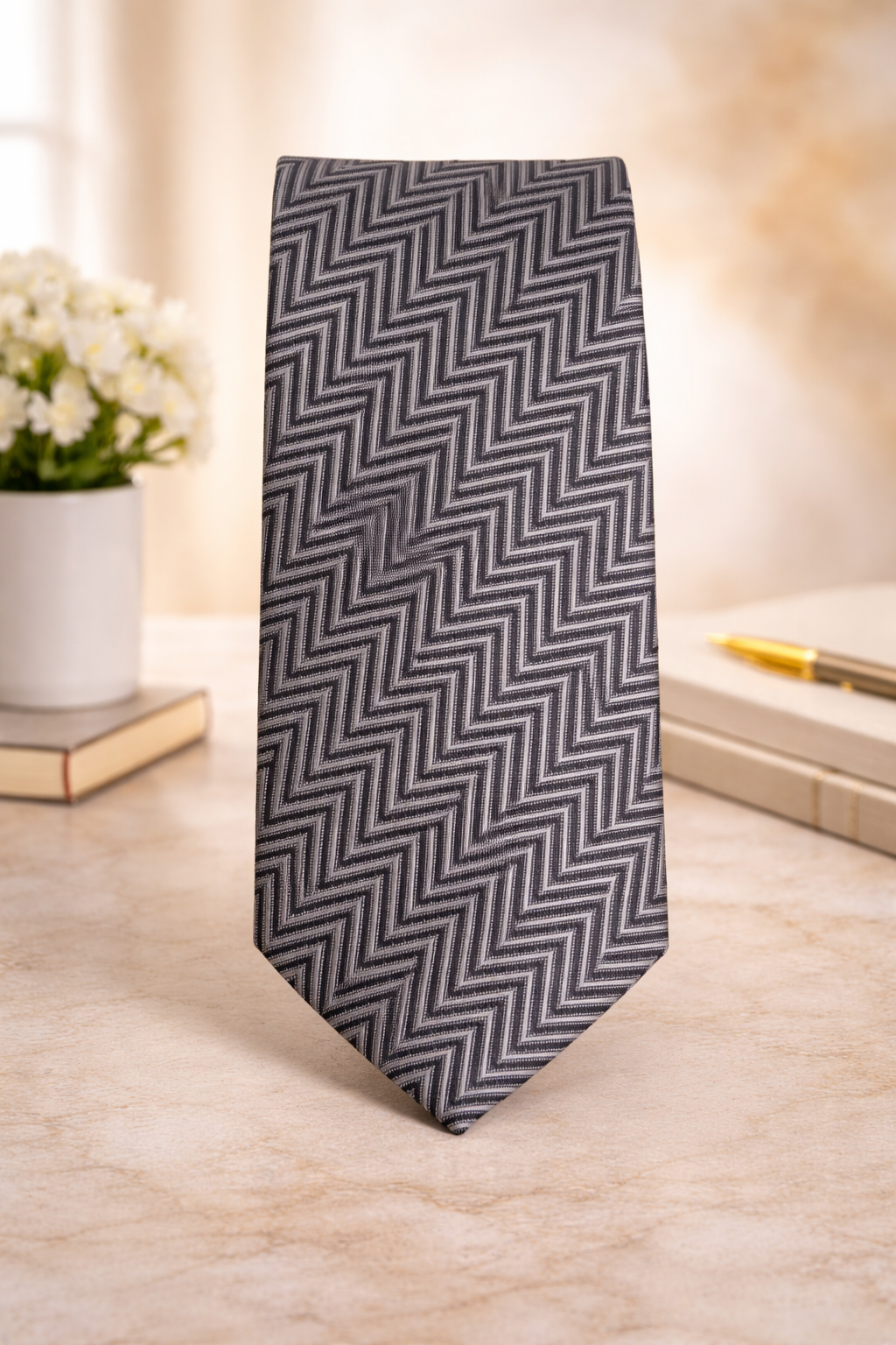 Grey & Black Zigzag Pattern Microsilk Tie