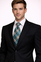 Teal Blue Plaid Check Microsilk Tie