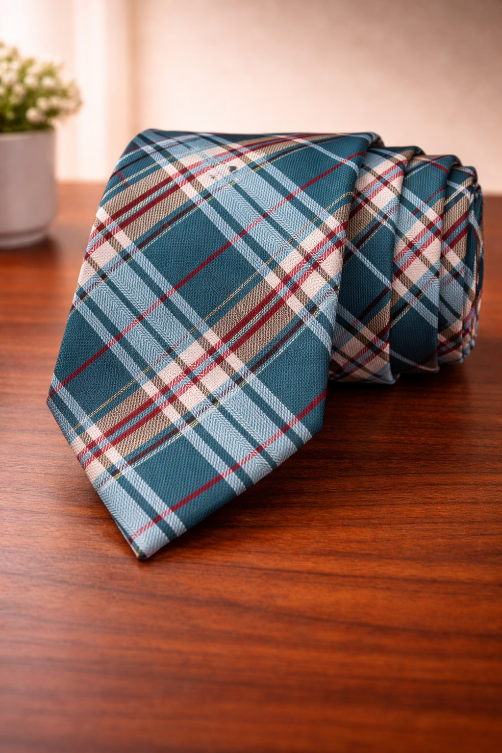 Teal Blue Plaid Check Microsilk Tie