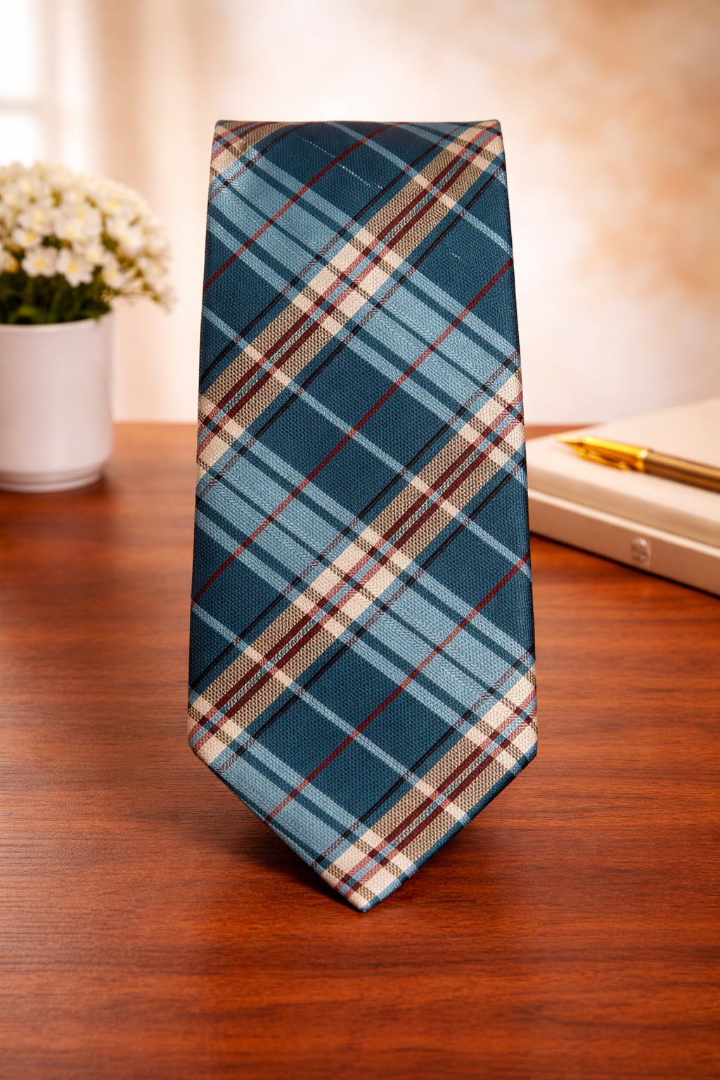 Teal Blue Plaid Check Microsilk Tie